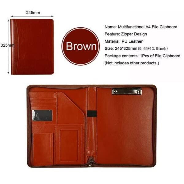 Handmade A4 Leather File Folder Contract Conference Clip Folder Zipper for Business Stationery Organizer Clipboard Phone Holder