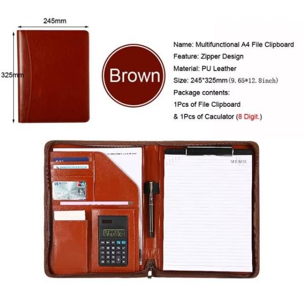 Handmade A4 Leather File Folder Contract Conference Clip Folder Zipper for Business Stationery Organizer Clipboard Phone Holder - Image 5